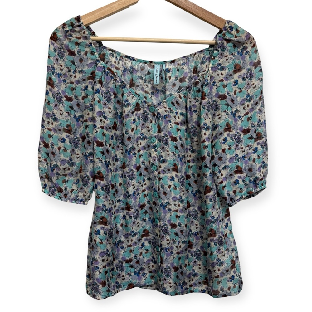 Guess by Marciano 100% Silk Floral Puff Sleeve Button Front Blouse Top Women XS